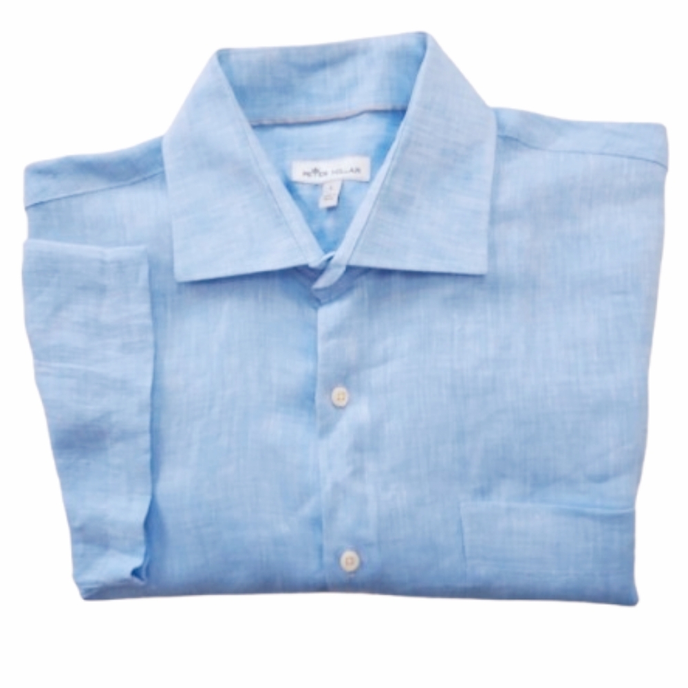 Peter Millar Men's Short Sleeve Blue Linen Button Up Shirt Size Large